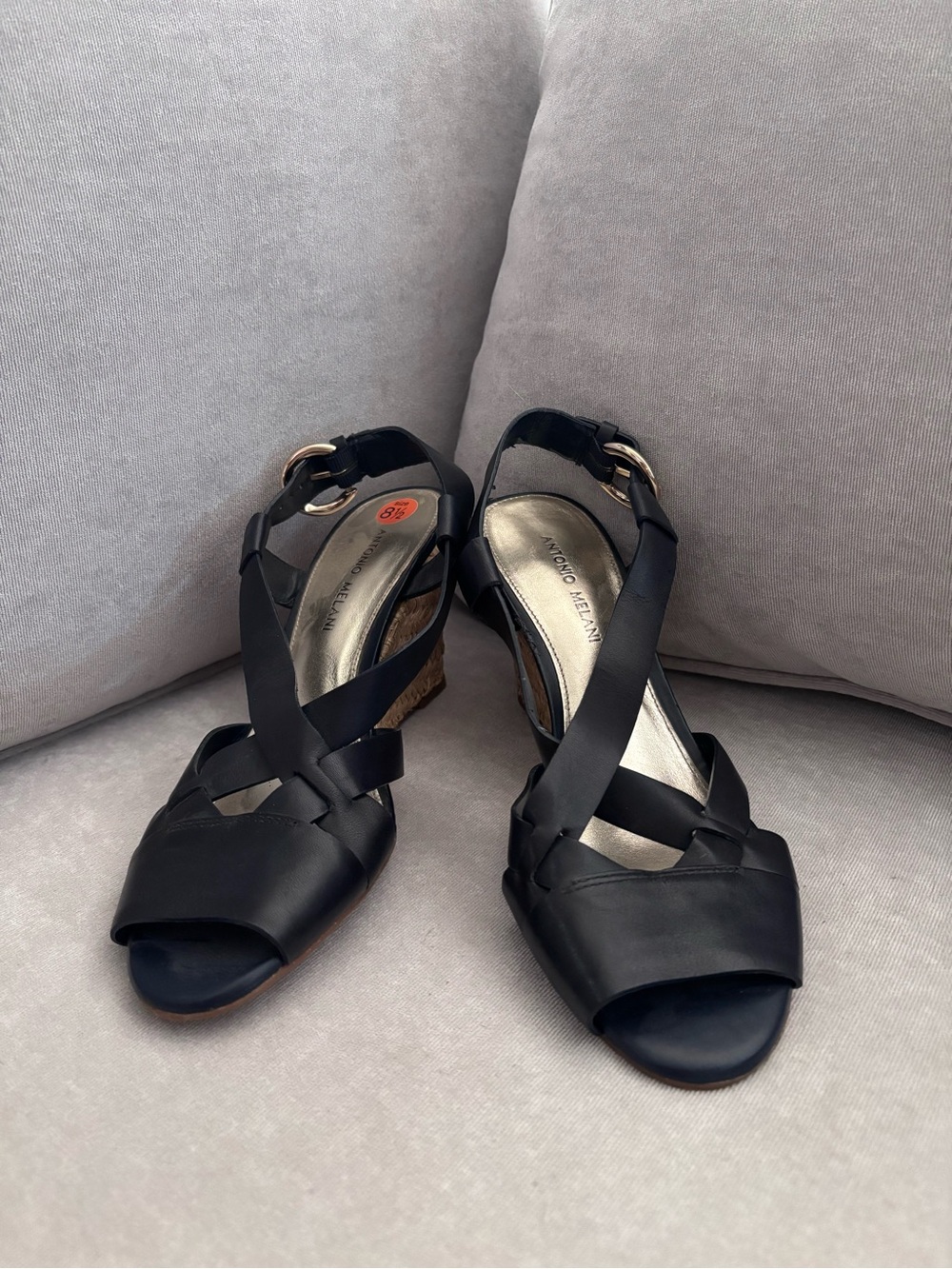 Franco Sarto Black Leather Crisscross Slingback Wedges